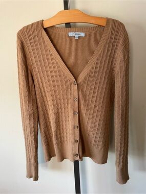 Jessica 100% Cotton Cable Knit Button Down Cardigan Sweater Camel Tan Size Large